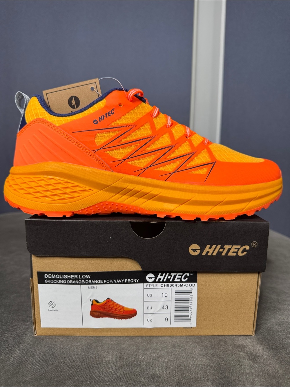 Mens Hi-Tec Demolisher Shocking Orange Navy Peony Low Trail Shoe Sneaker Size 10